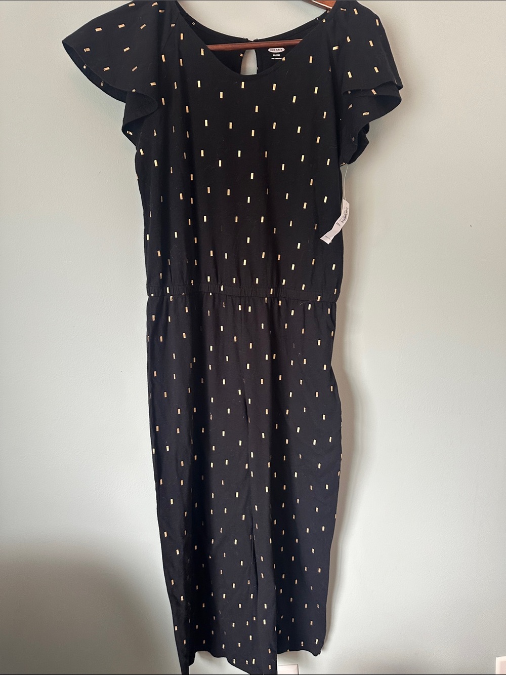 NWT Black and Gold Dash Confetti Flutter Sleeve Jumpsuit w/ Keyhole Back, XXL